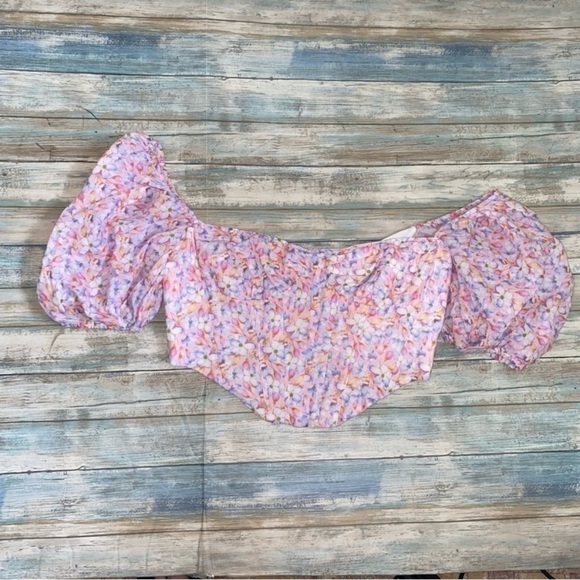 Bardot Kiah Pink Blossom Floral Puff Sleeve Corset Top - Picture 2 of 7